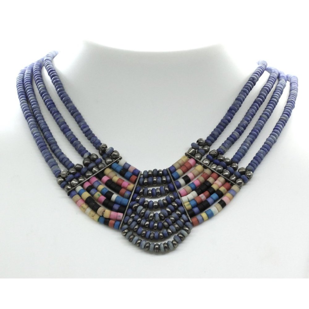 900 SILVER genuine BLUE CORAL 4 strand vintage collar/bib necklace 20"